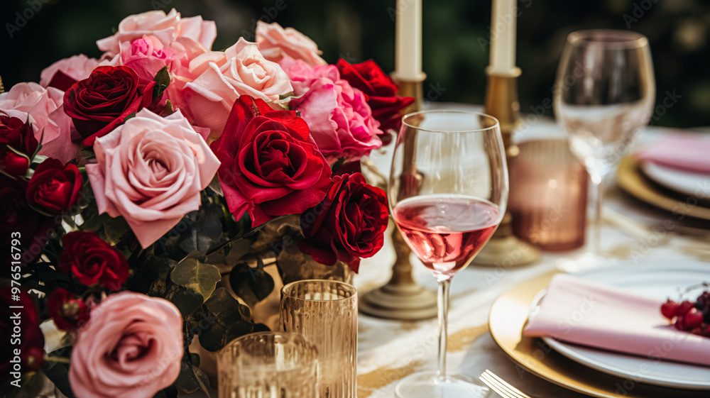 Wedding and event celebration tablescape with flowers, formal dinner table setting with roses and wine, elegant floral table decor for dinner party and holiday decoration, home styling idea Wedding and event celebration tablescape with flowers, formal dinner table setting with roses and wine, elegant floral table decor for dinner party and holiday decoration, home styling idea