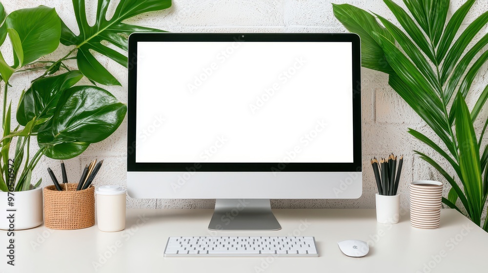 Modern White Desk with Computer Keyboard Mouse Plants and Pencils Modern White Desk with Computer Keyboard Mouse Plants and Pencils