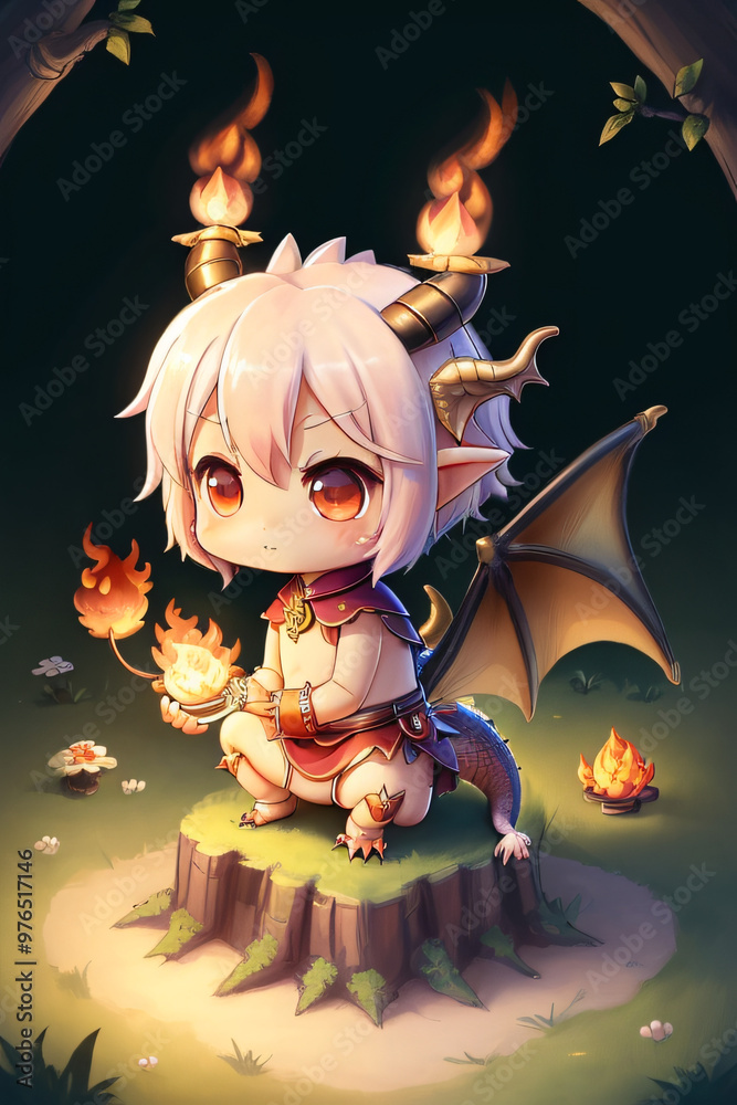 Adorable Chibi Dragon Holding a Flame Full-Body Illustration Adorable Chibi Dragon Holding a Flame Full-Body Illustration