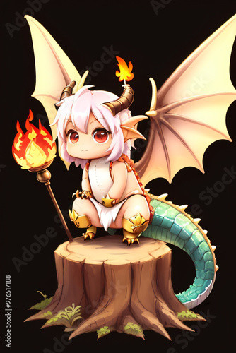 Adorable Chibi Dragon Holding a Flame Full-Body Illustration photo