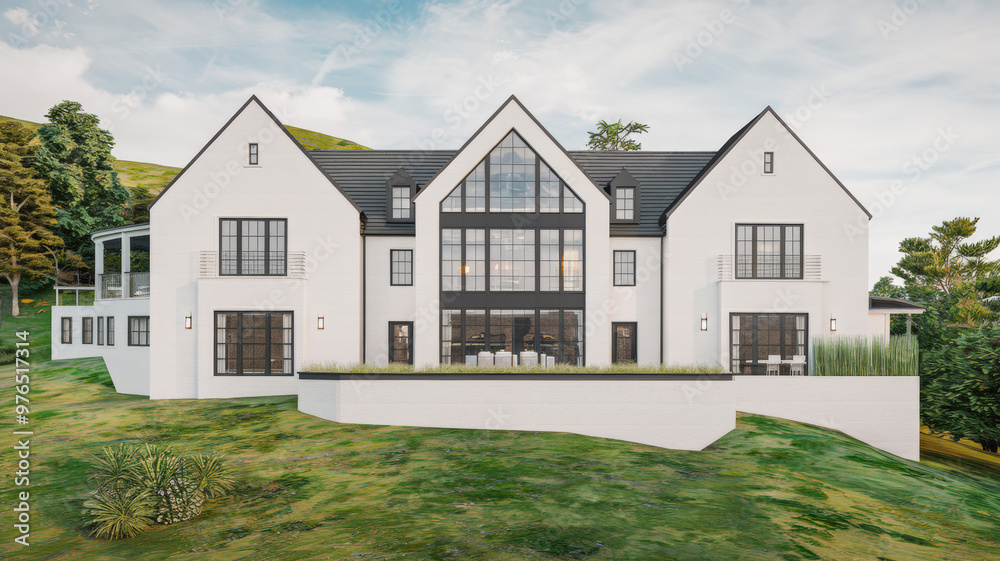 A flat lay mockup of a home in a modern architectural style. The house has a white exterior with black accents and large windows. The property is situated on a hill with a lush green landscape. A flat lay mockup of a home in a modern architectural style. The house has a white exterior with black accents and large windows. The property is situated on a hill with a lush green landscape.