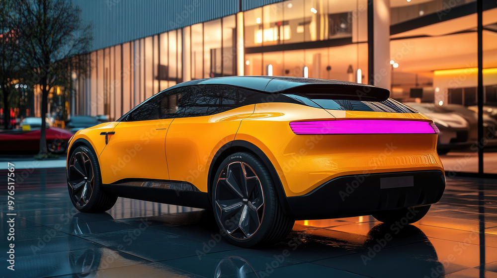 Futuristic Electric Car with Vibrant Yellow Design Parked in Front of Modern Glass Building