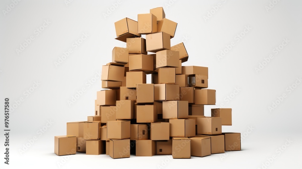 A large stack of cardboard boxes piled high on a white background. A large stack of cardboard boxes piled high on a white background.