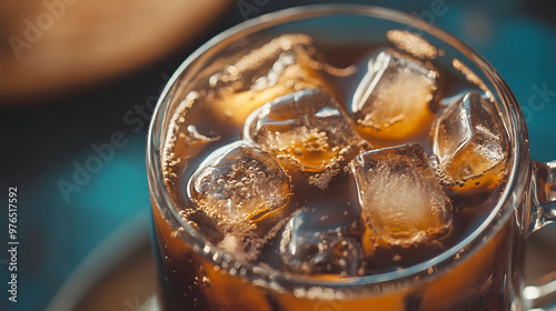 close-up of the cold brew, dark and rich, in a glass mug with clinking ice cubes floating photo