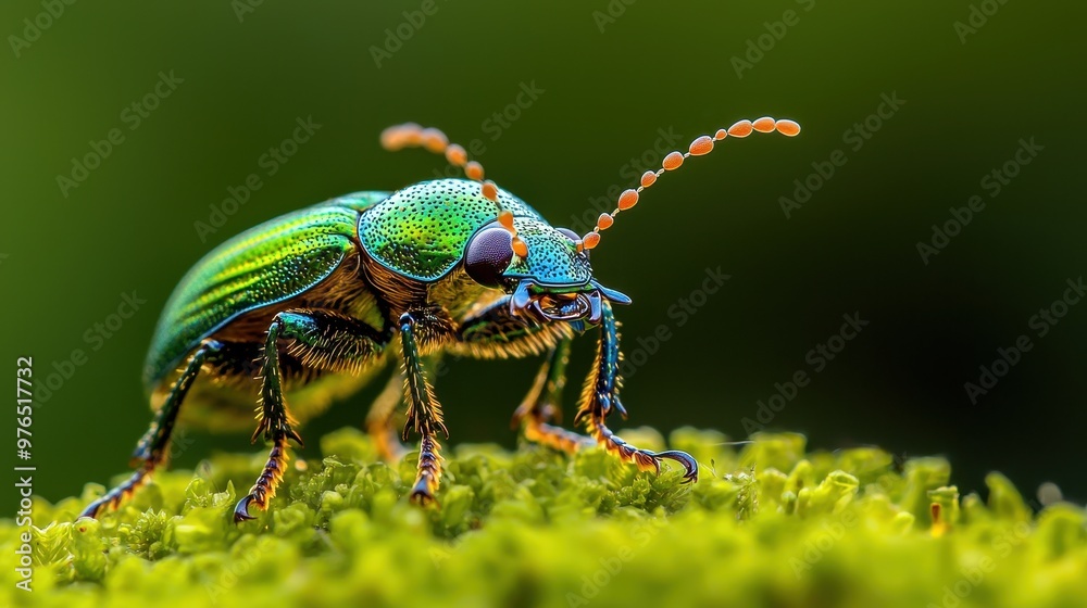 Macro Photography Green Beetle with Orange Antennae on Moss Macro Photography Green Beetle with Orange Antennae on Moss