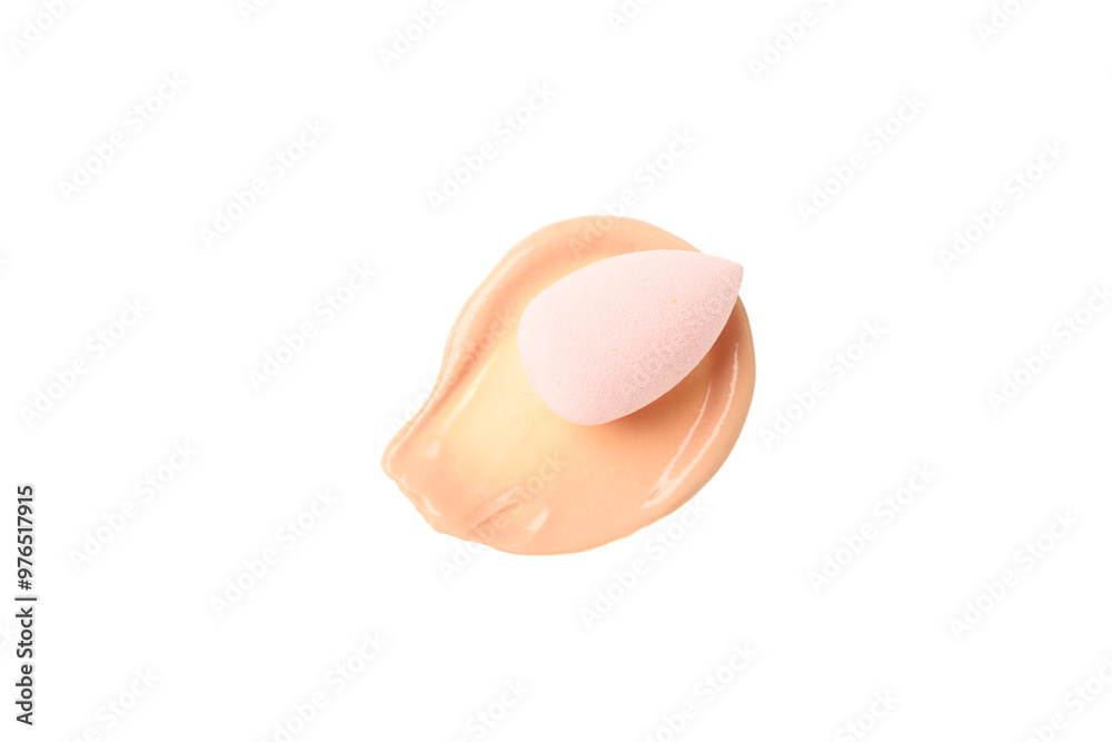 PNG, Smear of foundation and sponge, isolated on white background, top view PNG, Smear of foundation and sponge, isolated on white background, top view