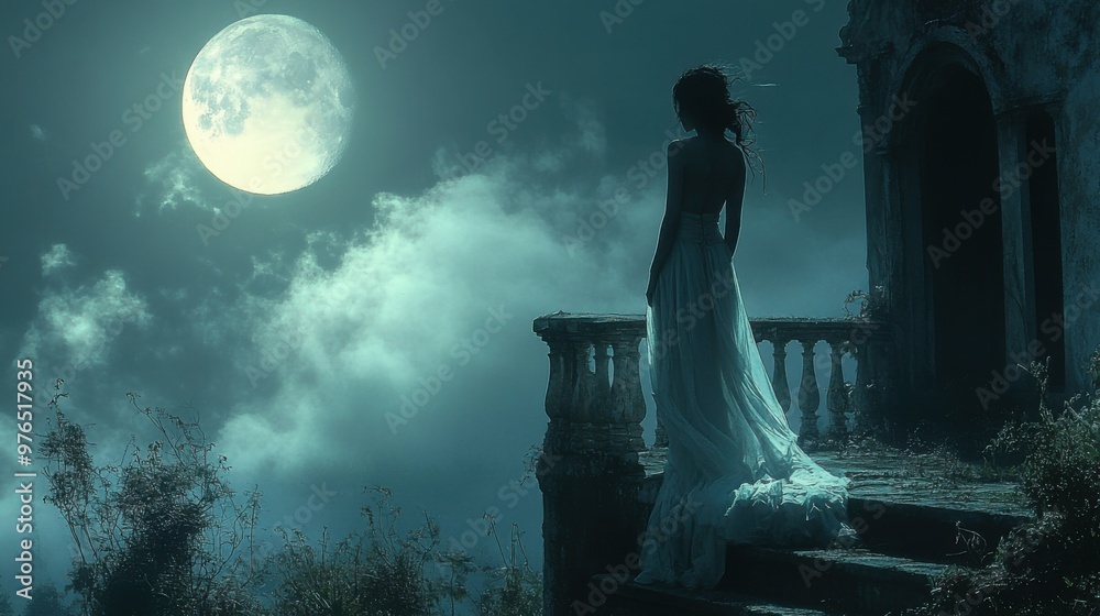 Eerie Ghostly Woman in White Dress on Abandoned Mansion Balcony at Moonlit Night with Overgrown Garden Below Eerie Ghostly Woman in White Dress on Abandoned Mansion Balcony at Moonlit Night with Overgrown Garden Below