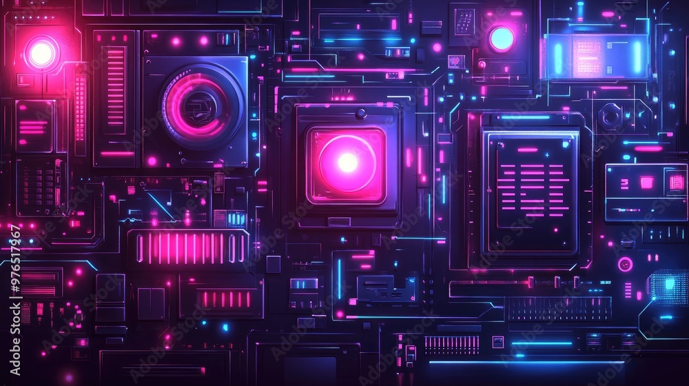 Futuristic Circuit Board with Neon Lights - High-Tech Digital Background Futuristic Circuit Board with Neon Lights - High-Tech Digital Background