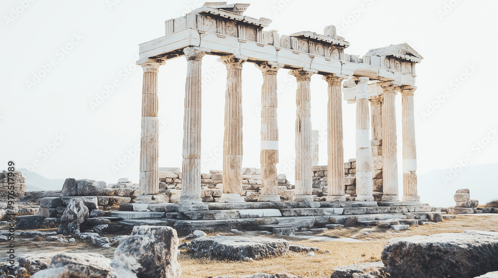 Obraz premium Ancient Greek temple ruins stand majestically under the clear sky, showcasing classical architecture with tall columns and weathered stone structures.