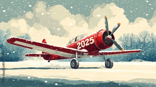 Vintage Red Airplane in Snowy Winter Landscape with Overcast Skies and 2025 Marking photo