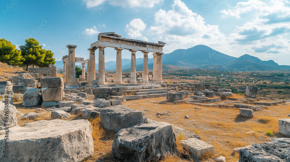 Fototapeta premium Ancient ruins of a Greek temple under a bright blue sky, with an expansive mountain range in the background.