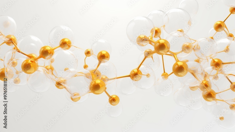 Abstract gold and glass spheres connected by thin rods, forming a flowing chain-like structure against a white background. Abstract gold and glass spheres connected by thin rods, forming a flowing chain-like structure against a white background.