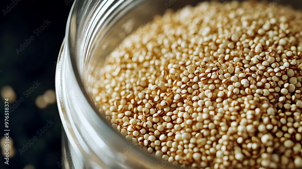 close-up of uncooked quinoa grains in a glass jar, ready to be used in a healthy close-up of uncooked quinoa grains in a glass jar, ready to be used in a healthy