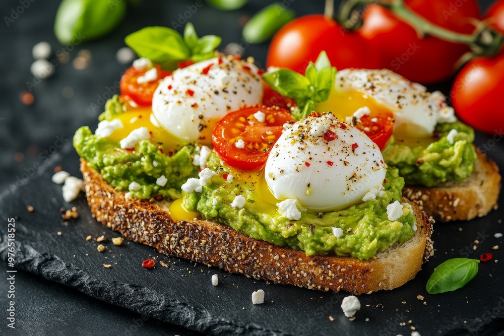 Avocado Toast, Toasted bread topped with mashed avocado, and often garnished with ingredients like tomatoes, poached eggs, feta cheese, and chili flakes.