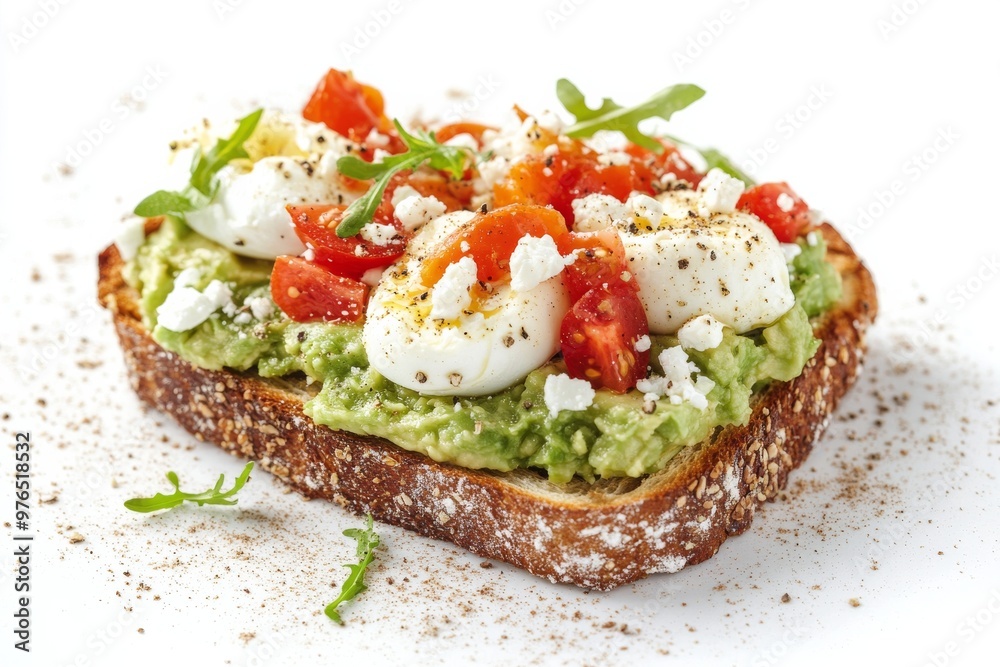 Avocado Toast, Toasted bread topped with mashed avocado, and often garnished with ingredients like tomatoes, poached eggs, feta cheese, and chili flakes. Isolated on White Background Avocado Toast, Toasted bread topped with mashed avocado, and often garnished with ingredients like tomatoes, poached eggs, feta cheese, and chili flakes. Isolated on White Background