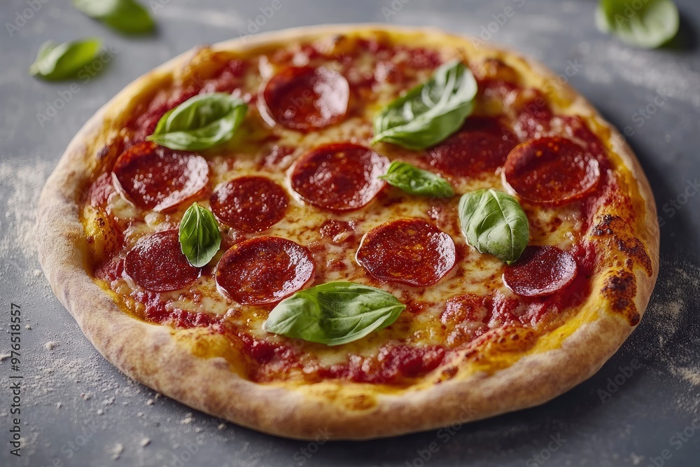 Tasty pepperoni pizza with basil on grey table , ai Tasty pepperoni pizza with basil on grey table , ai