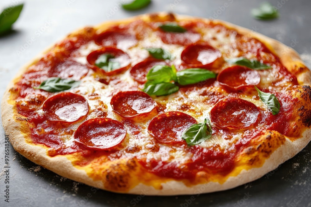 Tasty pepperoni pizza with basil on grey table , ai Tasty pepperoni pizza with basil on grey table , ai
