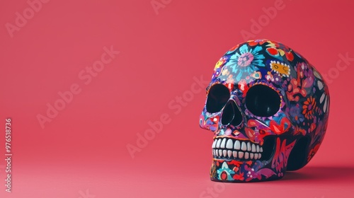 Conceptual image showcasing a Dia De Los Muertos skull with a solid color background and blank area for text overlay. photo