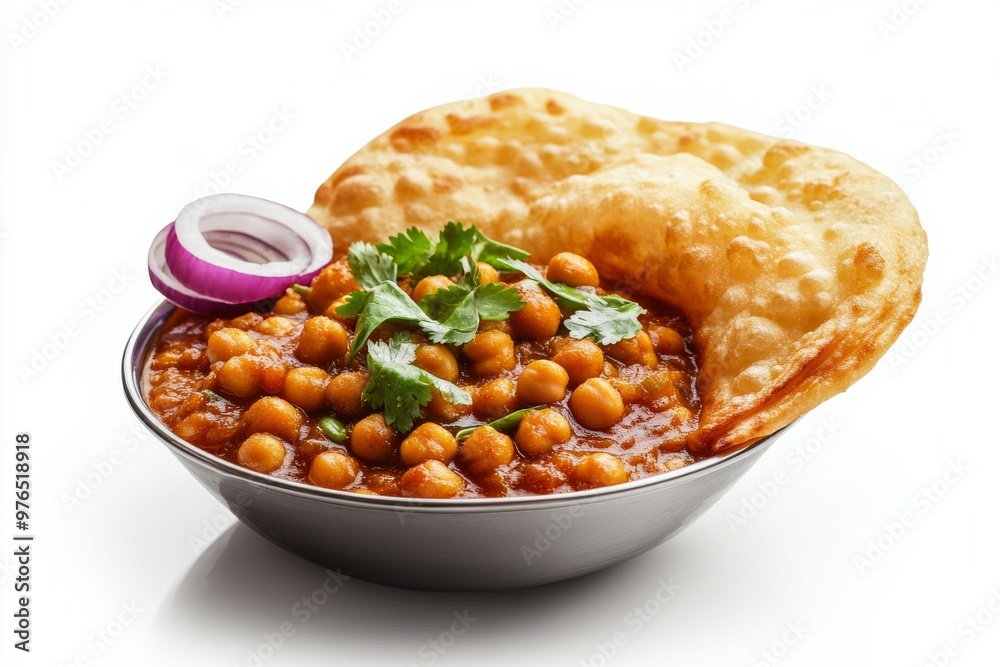 Chole Bhature, A combination of spicy chickpea curry (chole) and deep-fried bread (bhature), commonly enjoyed as a hearty breakfast or lunch. isolated on white background Chole Bhature, A combination of spicy chickpea curry (chole) and deep-fried bread (bhature), commonly enjoyed as a hearty breakfast or lunch. isolated on white background