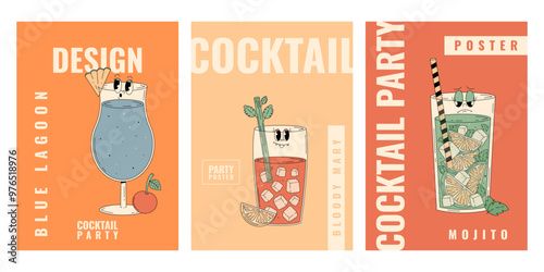 Groovy character bloody mary, mojito, blue lagoon. Retro summer party posters set with popular alcoholic beverage. Vintage vector illustration 70s, 80s style