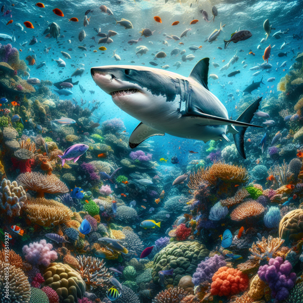 Fototapeta premium Did you know that great white sharks have continuously growing teeth? They have as many as 3,000 teeth. Once the front teeth become too worn, the back teeth will replace them.