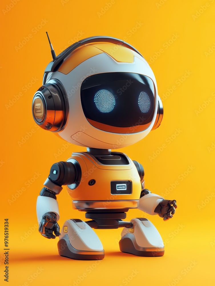 Cute Yellow Robot with Headphones on an Orange Background Cute Yellow Robot with Headphones on an Orange Background