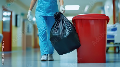 Hospital Staff Member Carrying Biohazard Waste Bag to Red Bin