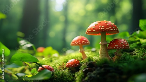 A serene forest scene featuring vibrant red mushrooms with white spots, nestled amidst lush greenery and moss, symbolizing nature's beauty, mystery, and the magical essence of the forest.