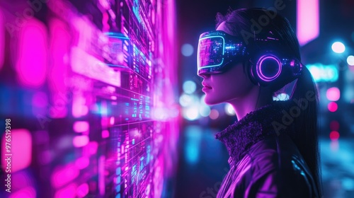 Futuristic Woman in VR Headset Exploring Digital Neon World at Night