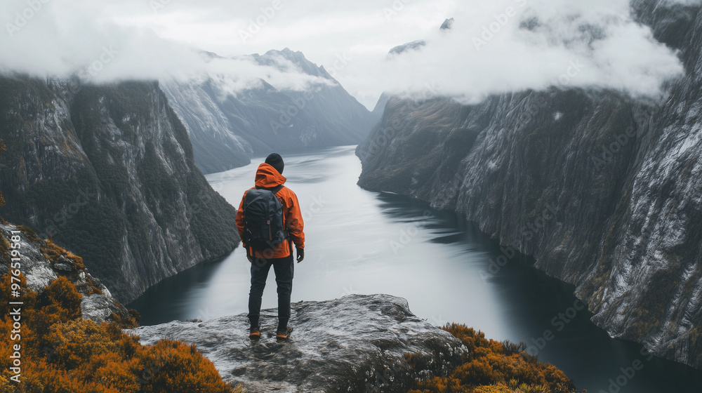 Obraz premium A solitary hiker dressed in an orange jacket stands on a rocky cliff, overlooking a serene fjord surrounded by towering, misty mountains on a cloudy day.