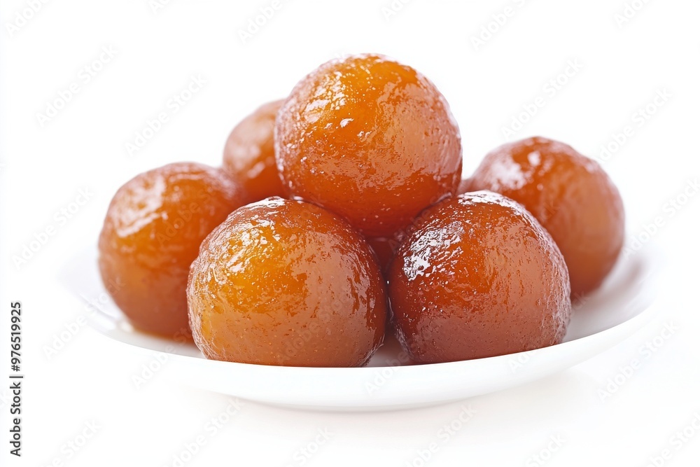 Gulab Jamun, A popular dessert consisting of deep-fried dough balls soaked in a sweet syrup flavored with cardamom, rose water, or saffron. isolated on white background Gulab Jamun, A popular dessert consisting of deep-fried dough balls soaked in a sweet syrup flavored with cardamom, rose water, or saffron. isolated on white background