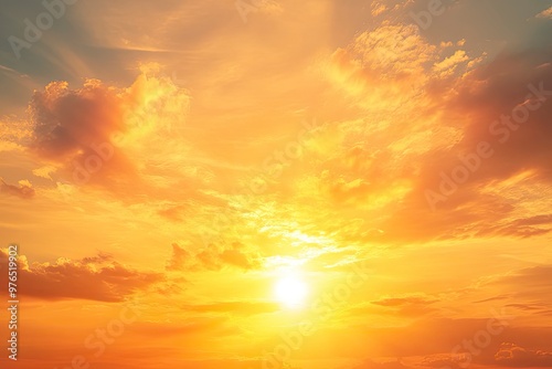 Sunset sky clouds in the evening summer with Orange, Yellow sunlight in Golden hour or morning sunrise, Horizon sky nature background , ai
