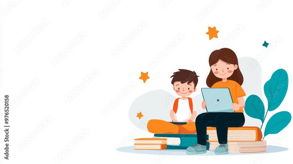 Children using tablet, homeschooling in living room, flat design illustration Children using tablet, homeschooling in living room, flat design illustration