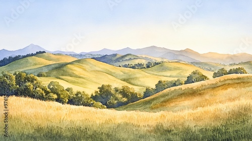 Watercolor Painting of Mountain Landscape with Golden Grass.