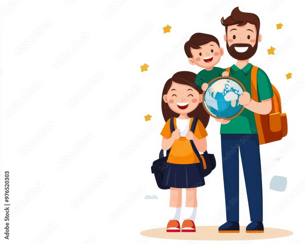 Family learning geography, homeschool map and globe, flat design illustration Family learning geography, homeschool map and globe, flat design illustration