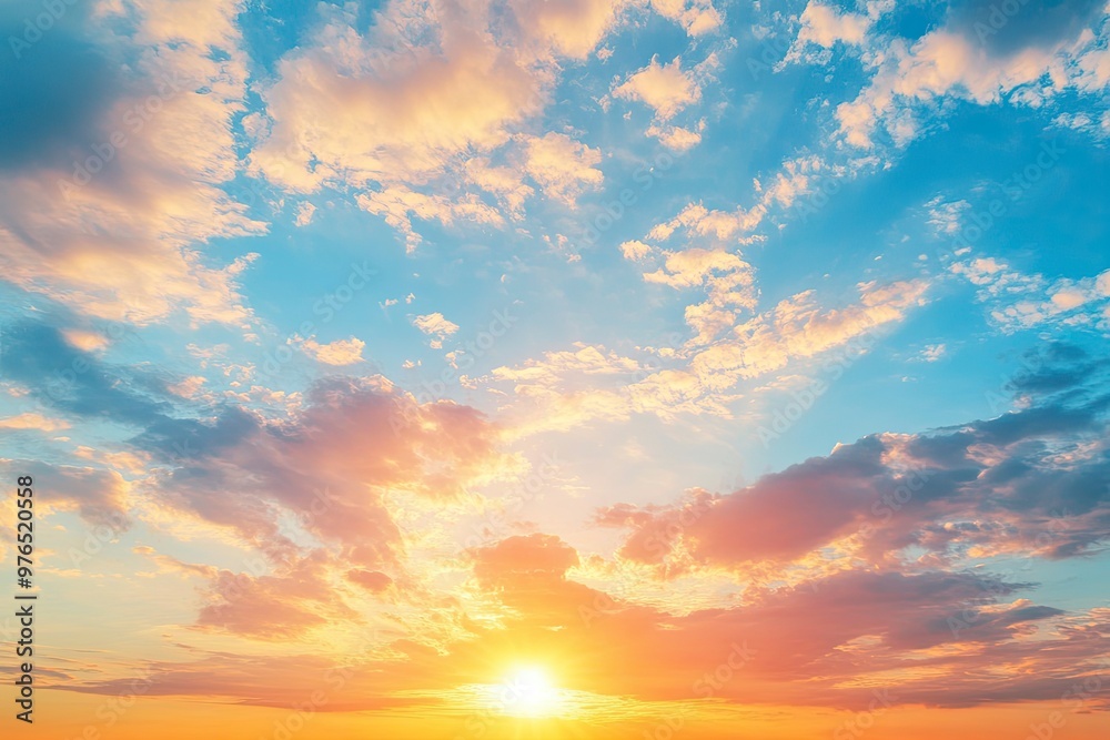 Obraz premium Sunset sky clouds in the evening summer with Orange, Yellow sunlight in Golden hour or morning sunrise, Horizon sky nature background , ai