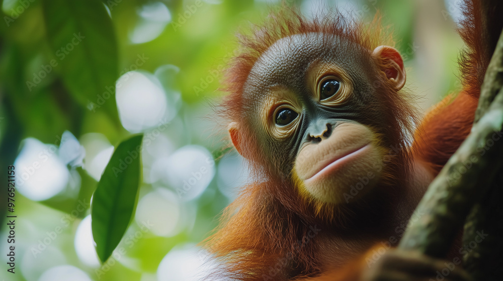 Obraz premium A young orangutan clings to a tree branch in the lush green forest, gazing curiously with large expressive eyes.