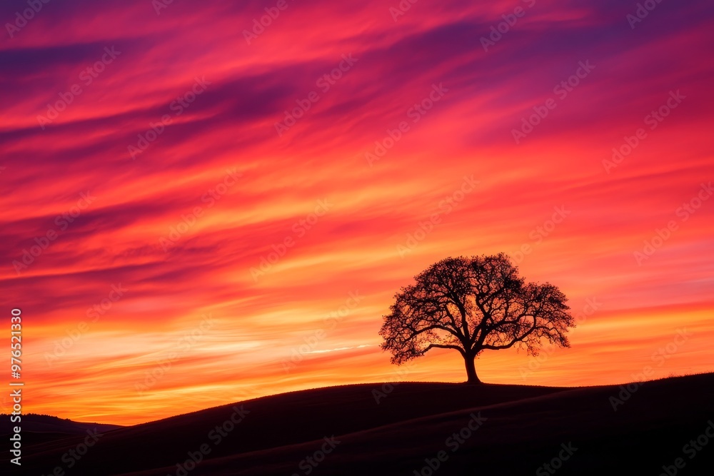 Obraz premium A lone tree stands in silhouette against a vibrant sunset, symbolizing strength, resilience, hope, peace, and the beauty of nature.