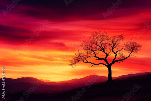 A lone, silhouetted tree stands tall against a breathtaking sunset, its branches reaching towards the sky. The vibrant hues of orange, red, and pink paint the clouds above, creating a dramatic backdro photo