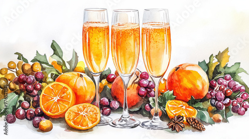 A vibrant illustration of sparkling drinks surrounded by fresh fruits, perfect for festive celebrations and joyful gatherings. photo