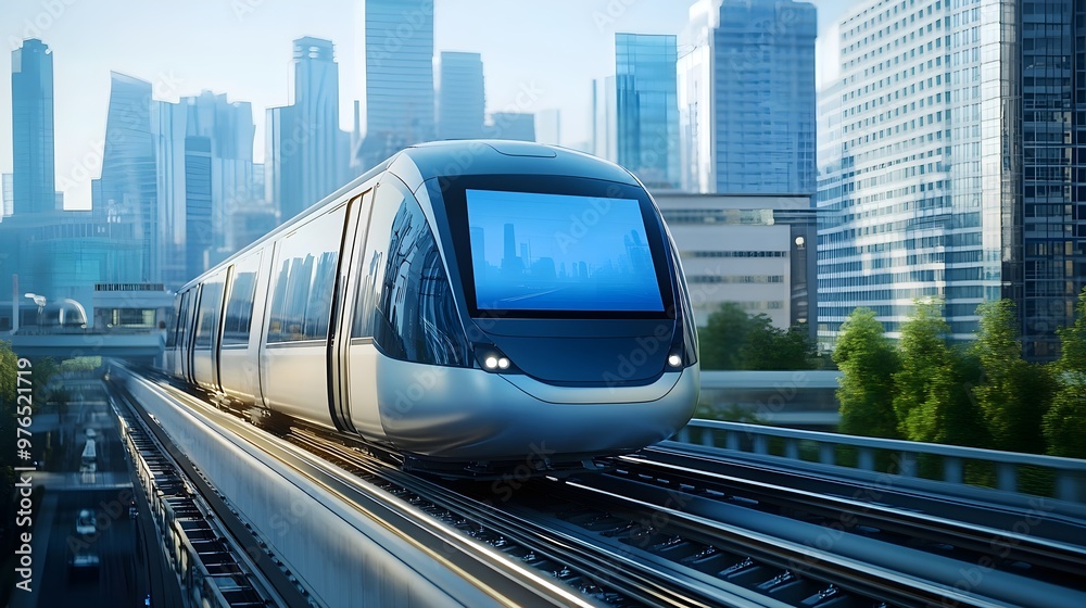 Naklejka premium Futuristic Train Cityscape - Modern Transportation