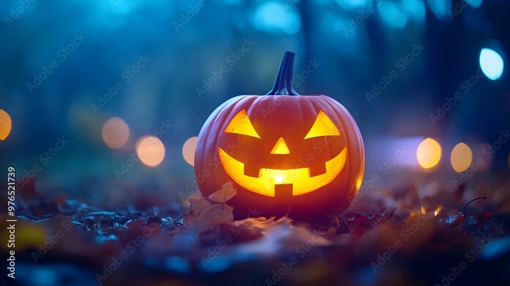 Glowing Jack-o'-Lantern Halloween in Spooky Atmosphere Glowing Jack-o'-Lantern Halloween in Spooky Atmosphere