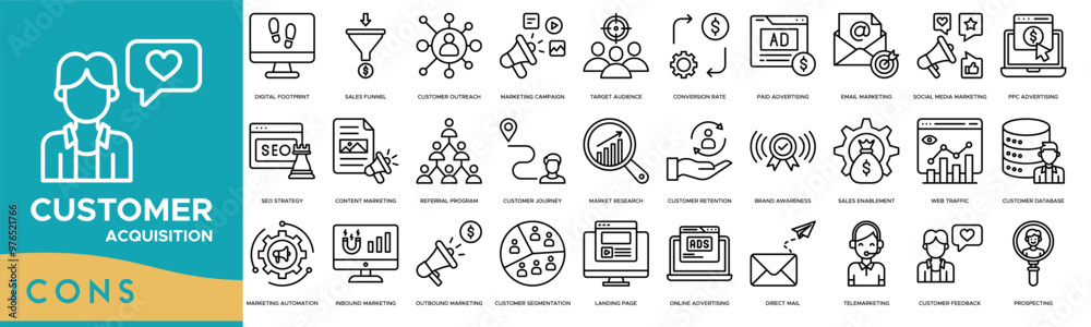 Customer acquisition icon. Digital Footprint, Sales Funnel, Customer Outreach, Marketing Campaign and Target Audience Customer acquisition icon. Digital Footprint, Sales Funnel, Customer Outreach, Marketing Campaign and Target Audience