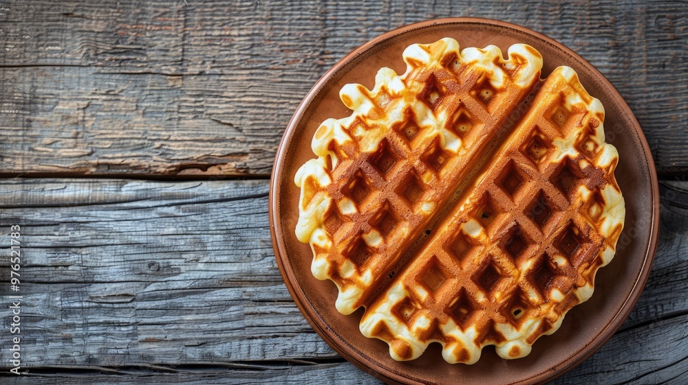 Freshly baked golden waffles on brown plate Freshly baked golden waffles on brown plate