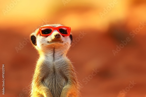 Wallpaper Mural A meerkat wearing bright orange sunglasses stands tall and alert, its gaze fixed on the horizon, showcasing the animal's watchful nature and playful spirit. Torontodigital.ca