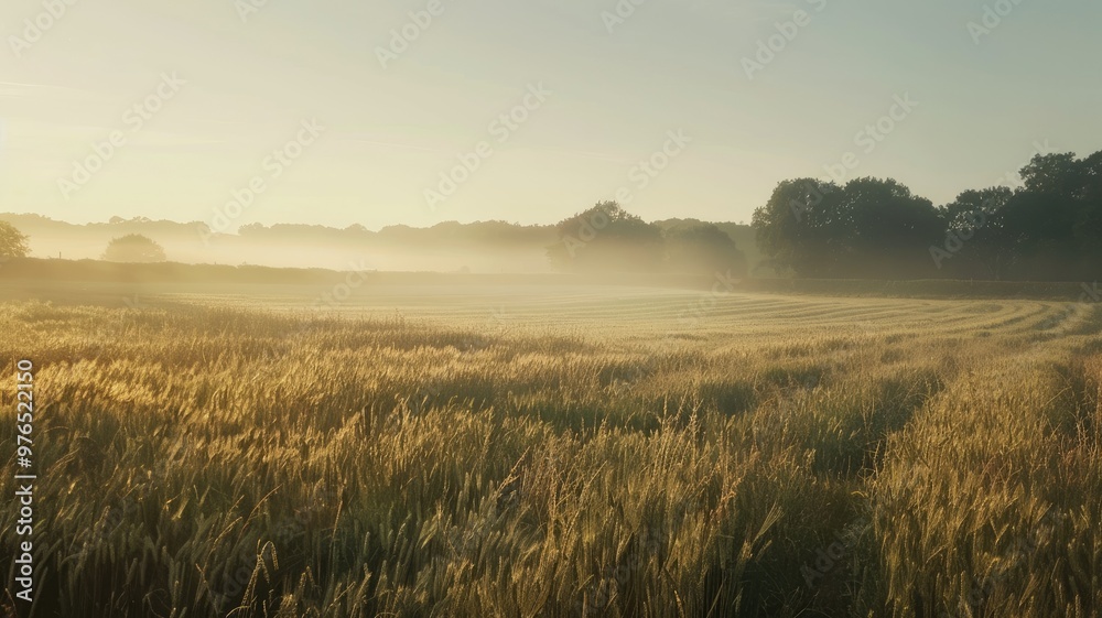 Sunrise over misty wheat field with trees in background under clear sky Sunrise over misty wheat field with trees in background under clear sky