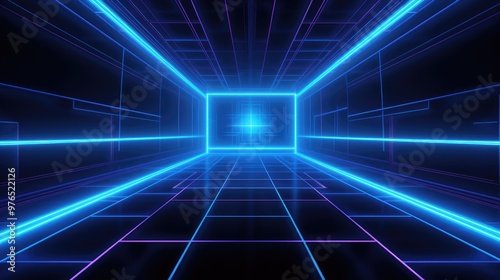 Abstract digital tunnel with glowing blue and purple neon lights.