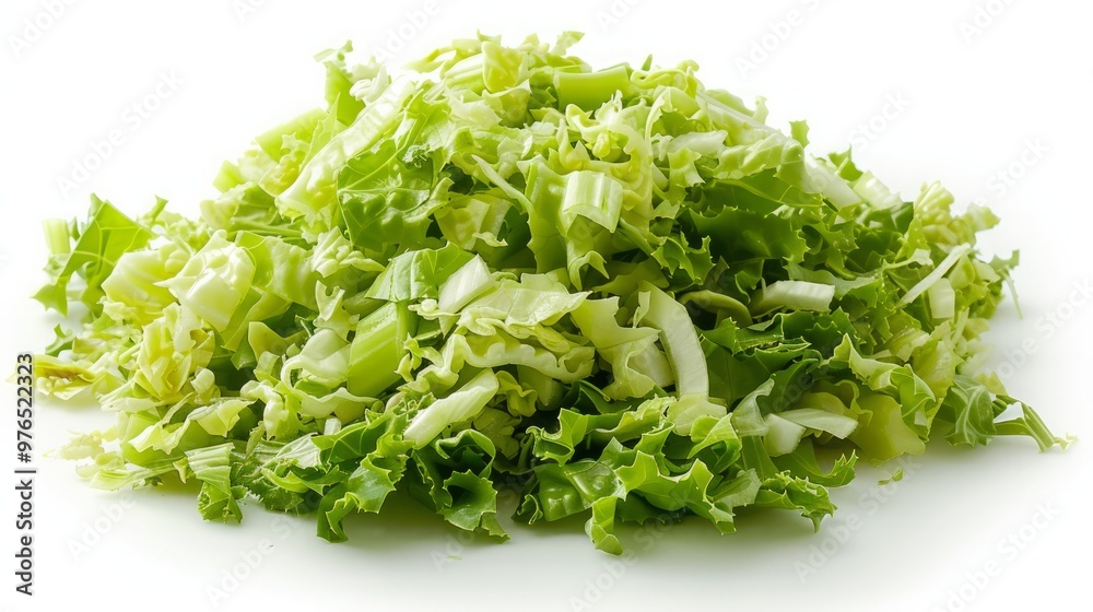 Pile of sliced lettuce on a white background