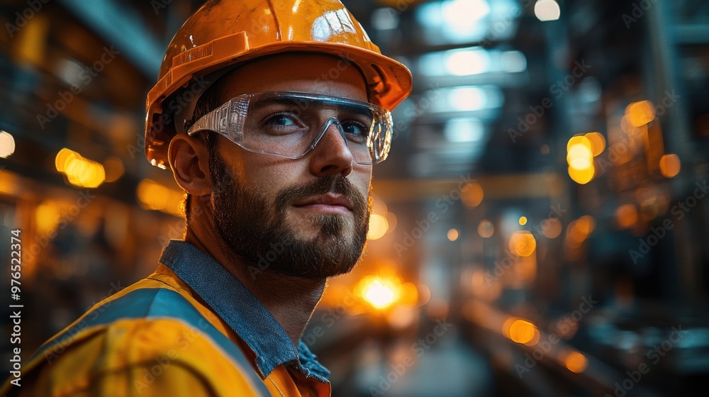 Dedicated Factory Worker Operating Industrial Machine in Early Morning Light with Sparks Flying Dedicated Factory Worker Operating Industrial Machine in Early Morning Light with Sparks Flying