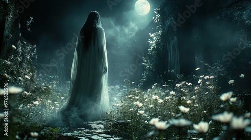 Haunting Beauty: Ghostly Figure in Overgrown Garden at Night with Moonlight Shadows